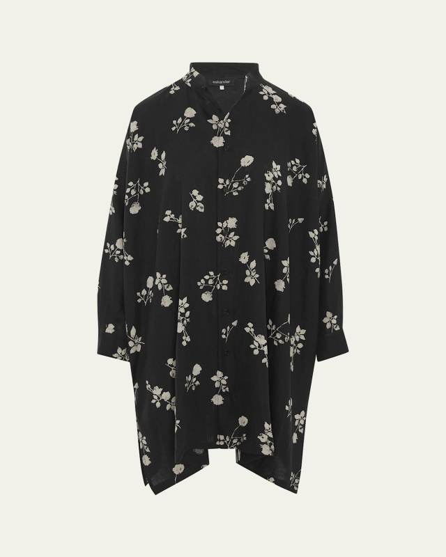 Wide A-Line Collarless Shirt With Slits (Very Long Length)